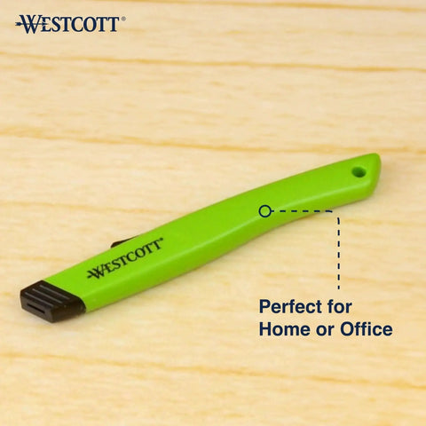 Side view of Ceramic Safety Box Cutter With Retractable Blade For Easy Large Box Opening, green, on wooden surface.