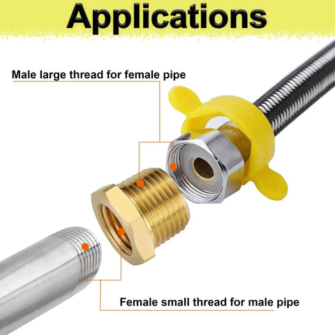 Two Pack Brass Reducer Hex Bushing Three Quarters Inch MNPT To One Quarter Inch FNPT adapter in use with pipes