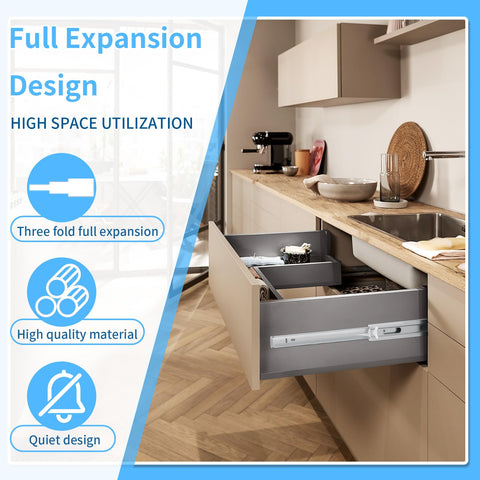Soft Close Stainless Steel Drawer Slides 12 Inch Full Extension 100LB 5 Pairs Side Mount Ball Bearing Rails For Dresser Cabinet Replacement Includes Easy Install Instructions installed in a kitchen drawer
