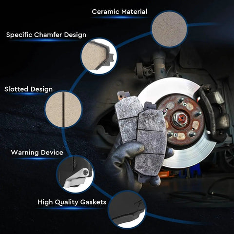 Rear ceramic brake pad set with hardware, 4 pieces, shown beside a brake rotor and caliper.