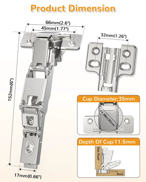 Image showing dimensions of 165 Degree Soft Close Corner Cabinet Hinges For Frameless Kitchens Clip On Plate Hidden Face Mount 3D