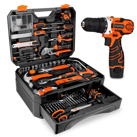 255 Piece Tool Set With 12V Cordless Drill Driver Drawer Style Toolbox Case All In One Home Repair Kit for DIY Projects