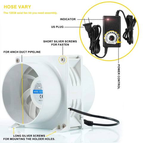 4 Inch Axial Exhaust Fan with 3000 RPM, DC 12V Dual Ball Bearings, PWM Variable Speed Control, white, power adapter shown