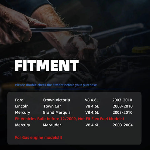 Mechanic using wrench on car engine with fitment table for Fuel Pump Assembly For Ford Crown Victoria Lincoln Town Car Mercury