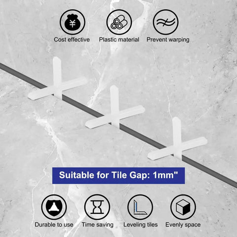 Image showing 1200 Pcs Cross Shape Tile Spacers 1mm Gap For Ceramic Tile Installation on a gray tiled surface demonstrating even spacing.