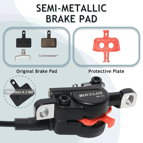 BUCKLOS HB-323 hydraulic disc brake set with 160mm rotors; black aluminum 2-piston caliper and red lever, includes pads and hardware