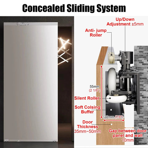 Trackless Sliding Door Kit With Soft Close For Wooden Doors Concealed Top Rail System For Closet Doors