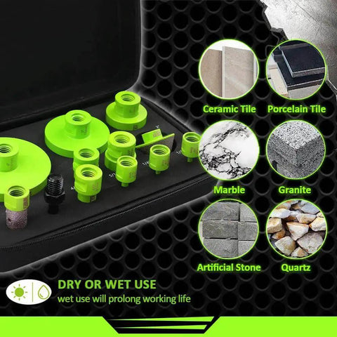 Tile Hole Saw Kit With 12 Diamond Core Drill Bits For Porcelain Ceramic Marble And Granite Includes 20mm Finger Bit And 2 Inch Bevel Chamfer Bit With 5/8 To 11 Adapter Plus Bits In 1/4 5/16 4/5 1 1-3/8 2 3 4 Inches in case.