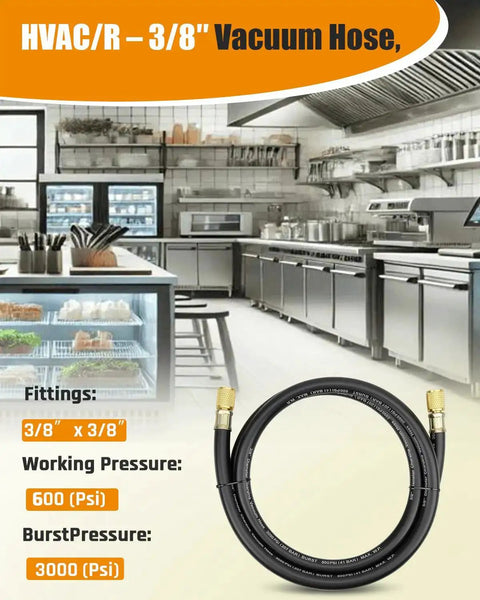 Heavy Duty Three Eighths Inch Vacuum Hose With Three Eighths Inch Fittings, Five Ft Black, Built To Handle 600 PSI Working Pressure And 3000 PSI Burst, Fits Most Refrigeration And Air Conditioning Equipment, R410A Ready For High Pressure Jobs