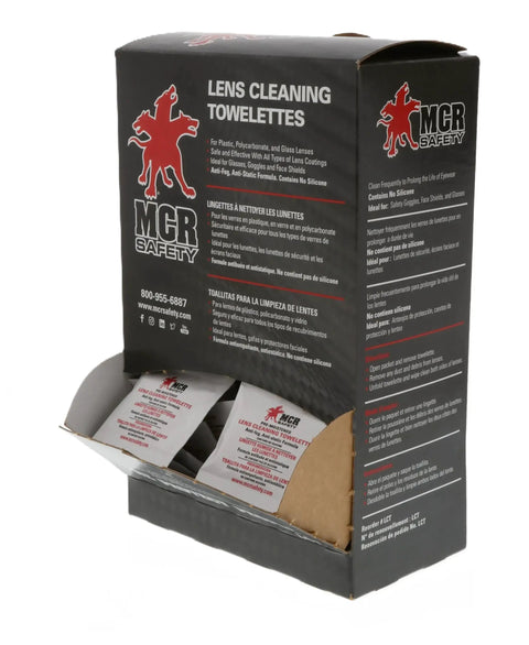 Box of Lens Cleaning Towelettes Anti Fog Anti Static For Safety Eyewear 100 Wipes, showing product packaging and towelettes.