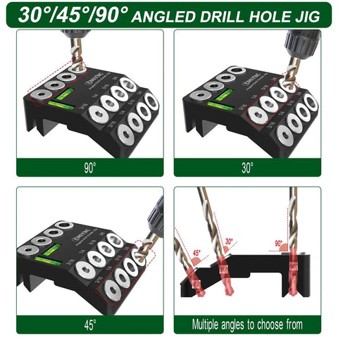 Drill Guide Jig With Two Torpedo Levels For 30, 45, And 90 Degree Holes Portable Drill Guide close-up with drill bits