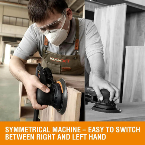 Woodworker using a powerful random orbital sander with brushless motor, 5 and 6 inch pads, central vacuum dust collection on wood panel.