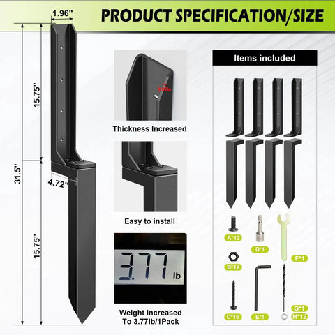 Dimensions and components of 4 Pack Heavy Duty Fence Post Repair Kit with Ground Stakes for Fixing Tilted or Broken Wood Posts.
