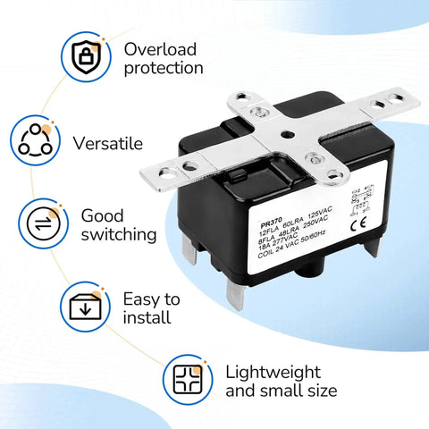 General Purpose 24V AC Relay With 12A Load And SPDT Contacts for reliable fan control, shown with labeled features for electromechanical use.