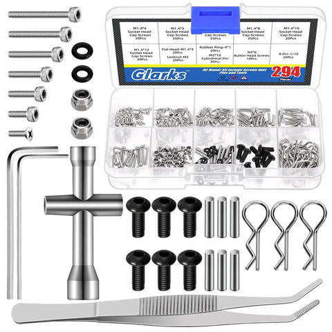 294 Piece M1.4 To 12Mm Universal RC Screw Kit With Hex Socket Cap Screws displayed with organizer box and tools for RC rigs