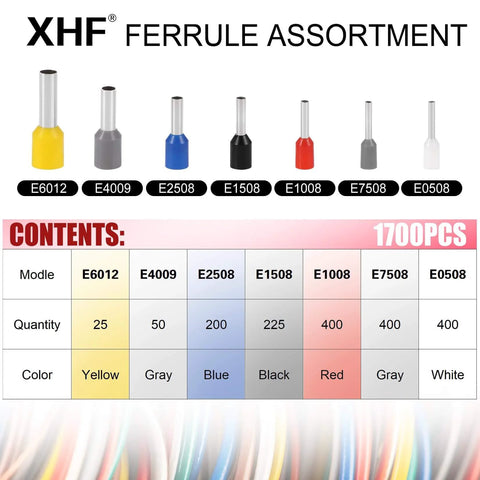 Pro Grade Ferrule Crimp Kit With Hexagonal Crimper, 1700-Piece Insulated Wire End Ferrules, assorted colors and sizes chart