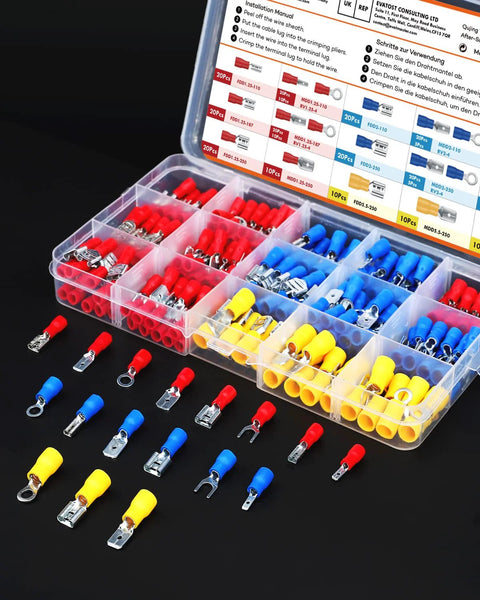 Gorffy 300PCS insulated wire terminal kit with red, blue, yellow spade/ring/fork terminals in clear plastic case
