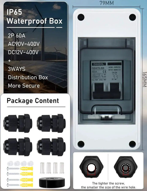 Front view of AC DC Solar System Circuit Breaker With IP65 DIN Box 60 Amp Two Pole 12V 400V Non Polarized Solar Panel Disconnect Switch