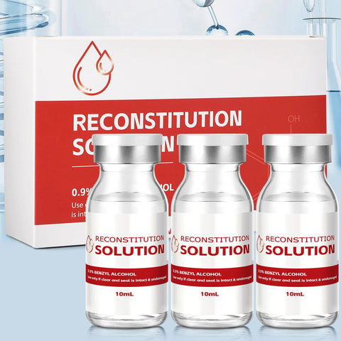 Three 10 mL clear glass vials with silver caps labeled Reconstitution Solution; red and white box in background