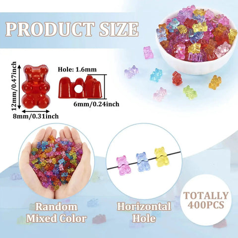 400Pcs Gummy Bear Acrylic Beads Transparent 12x8mm for Jewelry Making, showcasing size, colors, and hole dimensions in product display.