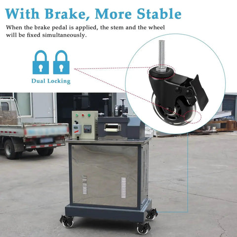 Three Inch Stem Caster Wheels With Safety Dual Locking And Heavy Duty Threaded Stem Three Eighths By Sixteen Inches By One Point Five Inches, No Noise Swivel Rubber Castors With Sleeve For Industrial Furniture Projects And Moving Set Of Four shown in use with machinery.