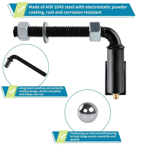 Heavy Duty J Bolt Gate Hinge For Welding Iron And Steel Gates With A Half Inch Bolt Adjustable Barrel, Rugged And Weather Resistant Black Powder Coat Finish, 1500 Pound Load Capacity, Rust Proof And Corrosion Resistant, 1 Pair For Outdoor Gate Mounting, shown with integrated molding and ball bearing details.