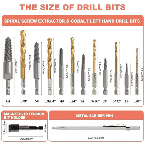 Easy Out Screw Extractor Set For Damaged Bolts And Studs, Left Hand Drill Bits In Cobalt HSS Steel, various sizes shown