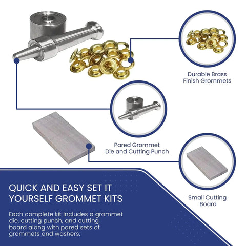 Grommet Tool Kit For Tarps And Tarp Repair Five Eighth Inch Hole Die Cutting Punch Cutting Board Paired Grommets And Washers Brass Finish DIY Set 18 Pieces illustration
