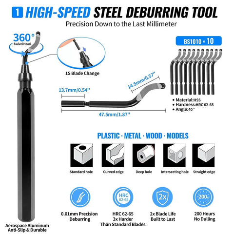 All In One 68 Piece 3D Printer Tools Kit With Durable Storage Case Pro Grade Deburring Tool And Scrapers Metal Files Brushes Hand Drill Tweezers Pliers And More For Bambu Lab Ender 3 Kobra And Other Popular 3D Printers high-speed steel deburring tool with swivel head and replacement blades.