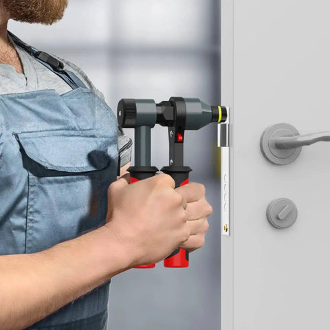 Rivet Nut Tool Kit With Ratcheting Mechanism And Quick Change Mandrels For Fast Installations being used on door hardware