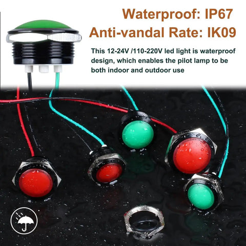 Green LED Indicator Light 110 To 220V AC Metal Built To Last Waterproof IP67 with wires shown in wet environment