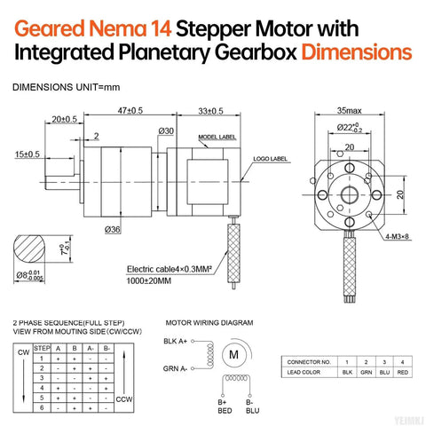 Technical drawing of Geared Nema Fourteen Stepper With Integrated Planetary Gearbox 100 To 1 Ratio dimensions and wiring diagram.