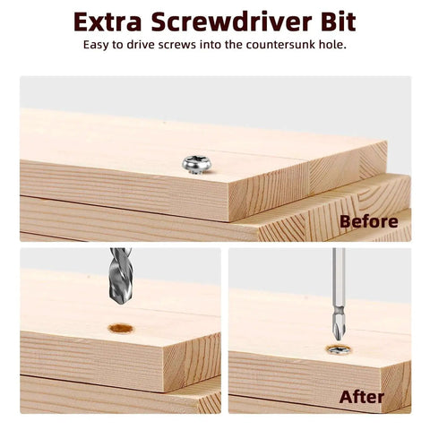 Woodworking using 7-Piece Countersink Drill Bit Set With Aluminum Stop Collar And Wrench, showing before and after screwing.