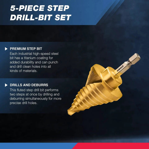 Pro Grade Step Drill Bit Set For Metal And Wood With Titanium Coated Unibits 50 Total Step Sizes In A 5 Piece SAE Spiral Grooved