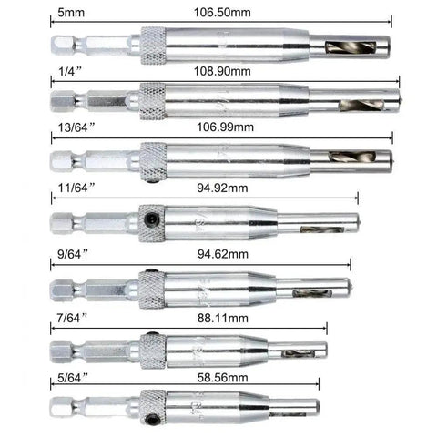 Eight Piece Center Drill Bit Set For Woodworking And Cabinet Doors, Self Centering Hinge Tapper Core Hole Puncher with measurements