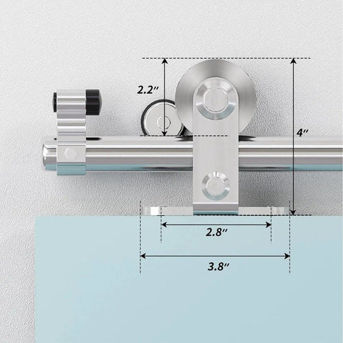Close-up view of 6Ft Top Mount Sliding Barn Door Hardware Kit with stainless steel track, rollers, and measurements visible.