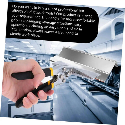 Heavy Duty Hand Seamer Tool For Ductwork Bending And Steel Plate Folding held in hand, showcasing grippy ergonomic handle in an industrial setting.