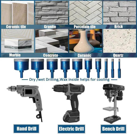 Diamond Tile Hole Saw Kit Pro Grade 10pc Drill Bit Set With Triangle Shank And Storage Case For Ceramic Porcelain Tile Marble Granite Stone Dry Drilling And Precision Cuts BeQell, showing various drill bits and compatible surfaces.