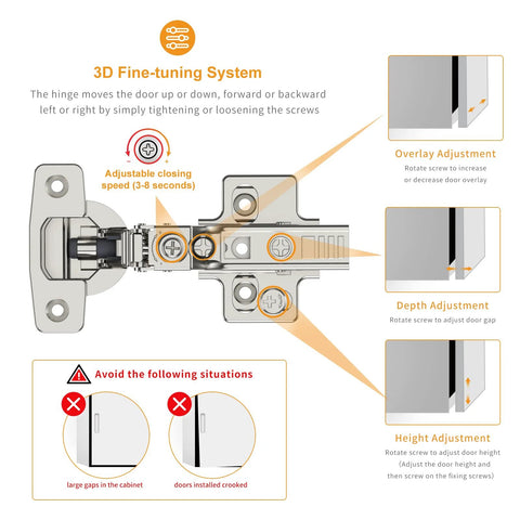 Chibery 10-pack frameless inset soft-close concealed European cabinet hinges, satin nickel, 105° open angle, 4D adjustment, clip-on
