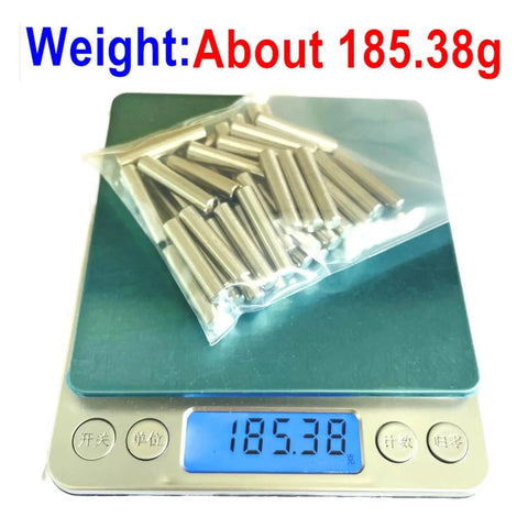 5mm x 25mm Metal Dowel Pins 50 Pack For Wood Furniture And Shelves sealed in a plastic bag on a digital scale showing 185.38g