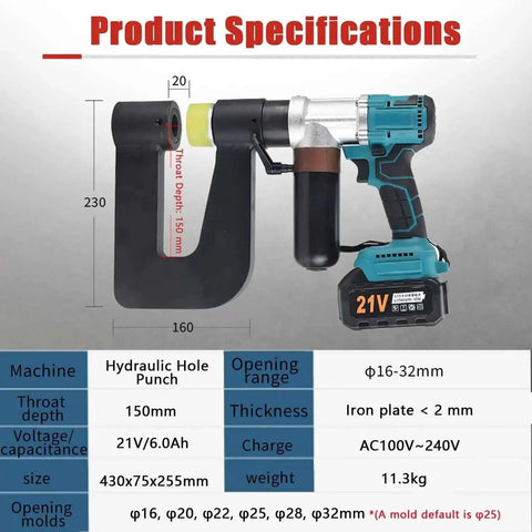Cordless Hydraulic Hole Punch for Metal, 150mm Throat Depth, Two 6.0Ah Batteries, 6 Dies, 21V Power, Product Specifications