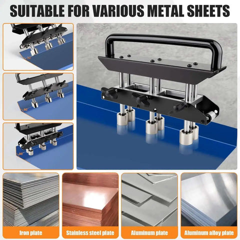 Pro Grade Three Station Edge Roller Bender with aluminum and iron sheets, suitable for metal roofing, bends 0.36-0.76 mm thick