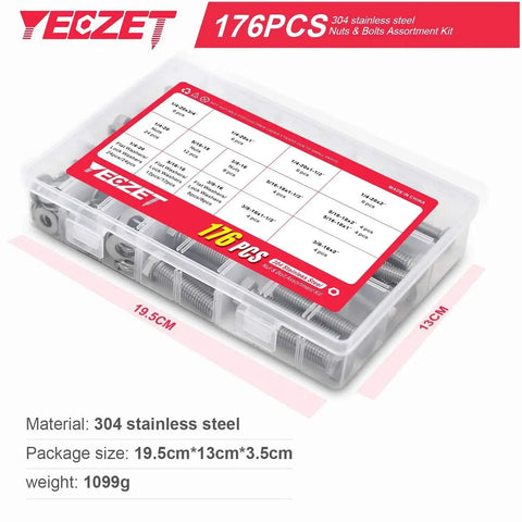 176 Piece Heavy Duty Bolts And Nuts Kit In 304 Stainless Steel With 9 Common Sizes in a transparent box, labeled dimensions and weight.