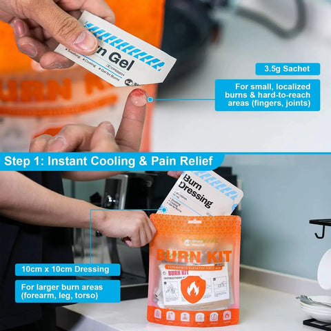 All In One Burn Care Kit From Rhino Rescue with 3.5g Gel Packet and Burn Kit, shows instant cooling and pain relief instructions
