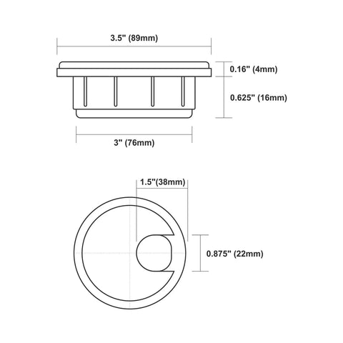 Diagram of 5 Pack Black Round Desk Cable Grommets 3 Inch 76mm Two Piece ABS Plastic Hole Cover showing dimensions and design
