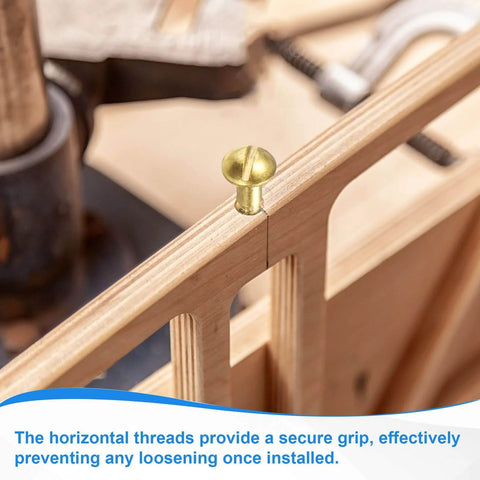 Brass Round Head Wood Screw M3 x 25mm in wood, slotted self-tapping, installed on wooden furniture