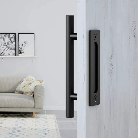 Heavy Duty 12 Inch Pull And Flush Barn Door Handle Set, Tough As Nails Matte Black With Ultra Thin Backplate, installed on white door