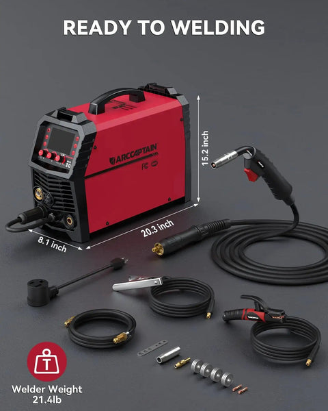 All In One 6 In 1 MIG Welder With Gas, Flux Core, Stick MMA, Lift TIG, Spot Weld, Spool Gun Ready Aluminum Multi Process Welder, 200Amp, LED Display, Burn Back Adjustment, 110V 220V showing accessories and dimensions