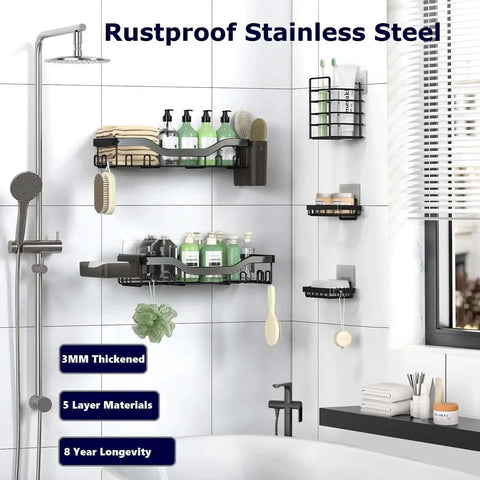 7 Pack Adhesive Shower Caddies With 24 Hooks Rustproof Stainless Steel Bathroom Shelves installed on shower wall