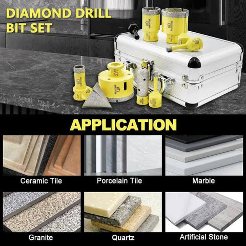 Pro Grade Versatile Diamond Core Drill Bits Set 10 Piece For Porcelain Tile Ceramic Stone And Masonry With Tile Hole Saw Kit SDS Shank Includes 6mm 8mm 20mm 35mm 50mm 65mm Core Bits Plus Chamfer And Enlarger Bits For Precise Holes displayed in case